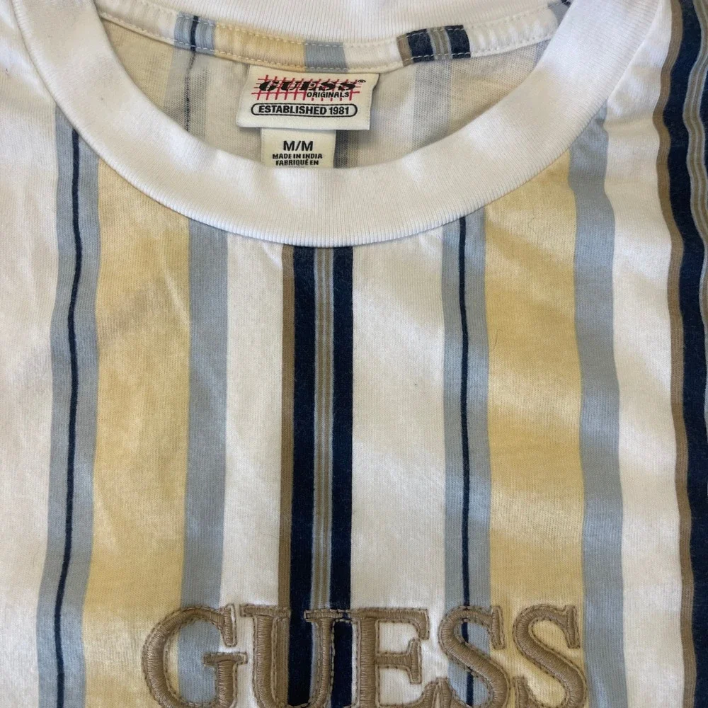 GUESS Originals Mens Vertical Stripe Logo T-Shirt Yellow Blue Medium - Picture 2 of 7